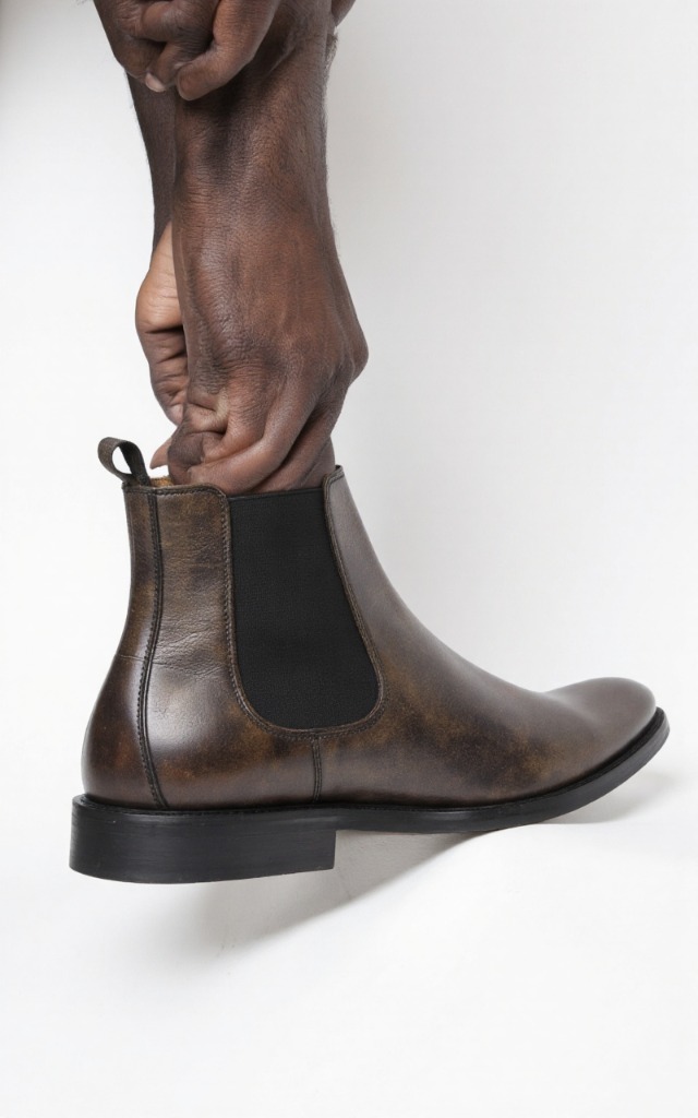 A male model wearing Chelsea boots, against a white background, with a close   up of the feet
